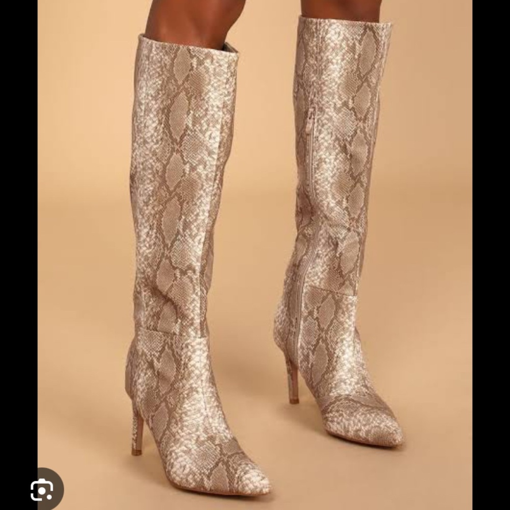 Billini Bourbon Cream Python-Embossed Knee-High Boots